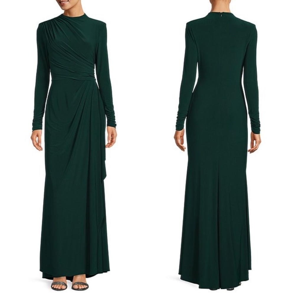 NEW BETSY & ADAM Forest GREEN Jersey RUFFLE Long Sleeve RUCHED Sheath GOWN 6
